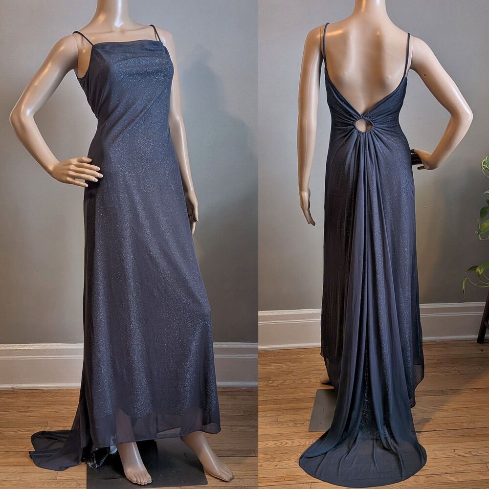 Vintage 90s Zum Zum Prom Gown Glitter Maxi Dress Train Open Back Size Small